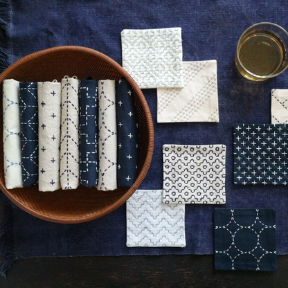 COSMO Sashiko Preprinted Coaster Fabric - Set D (4 Patterns) - Navy – No.98915