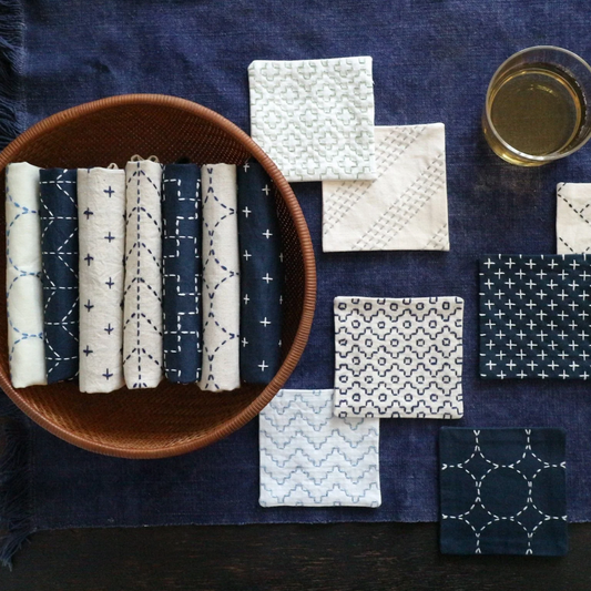 COSMO Sashiko Preprinted Coaster Fabric - Set D (4 Patterns) - Navy – No.98915